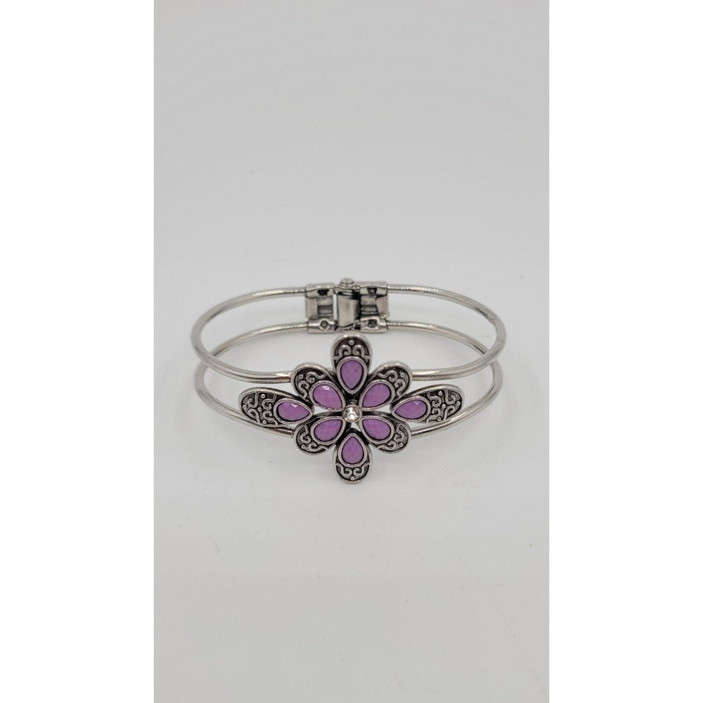 Paparazzi Go With The Florals Purple Hinged Bracelet & Earring Set - Picture 2 of 7